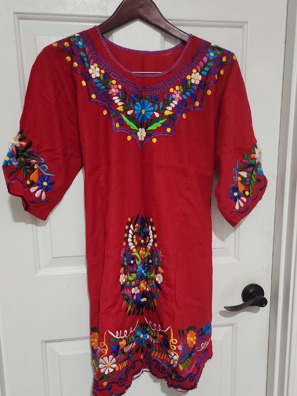 Embroidered Red Mexican-Style Tunic Dress